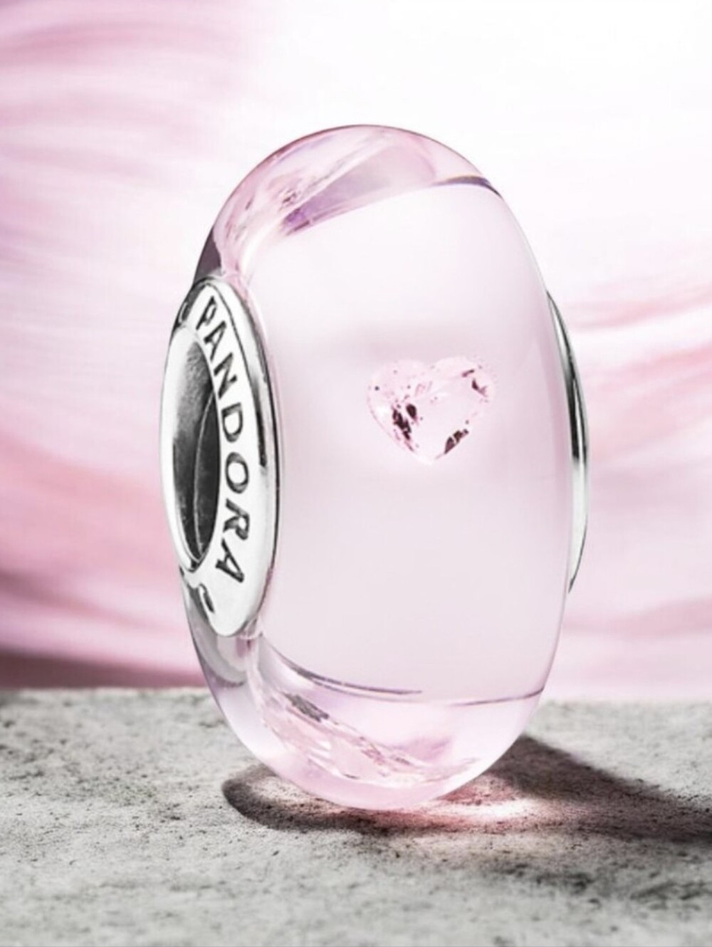 PANDORA Pink Heart Sterling Silver & CZ Murano Glass Charm Retired